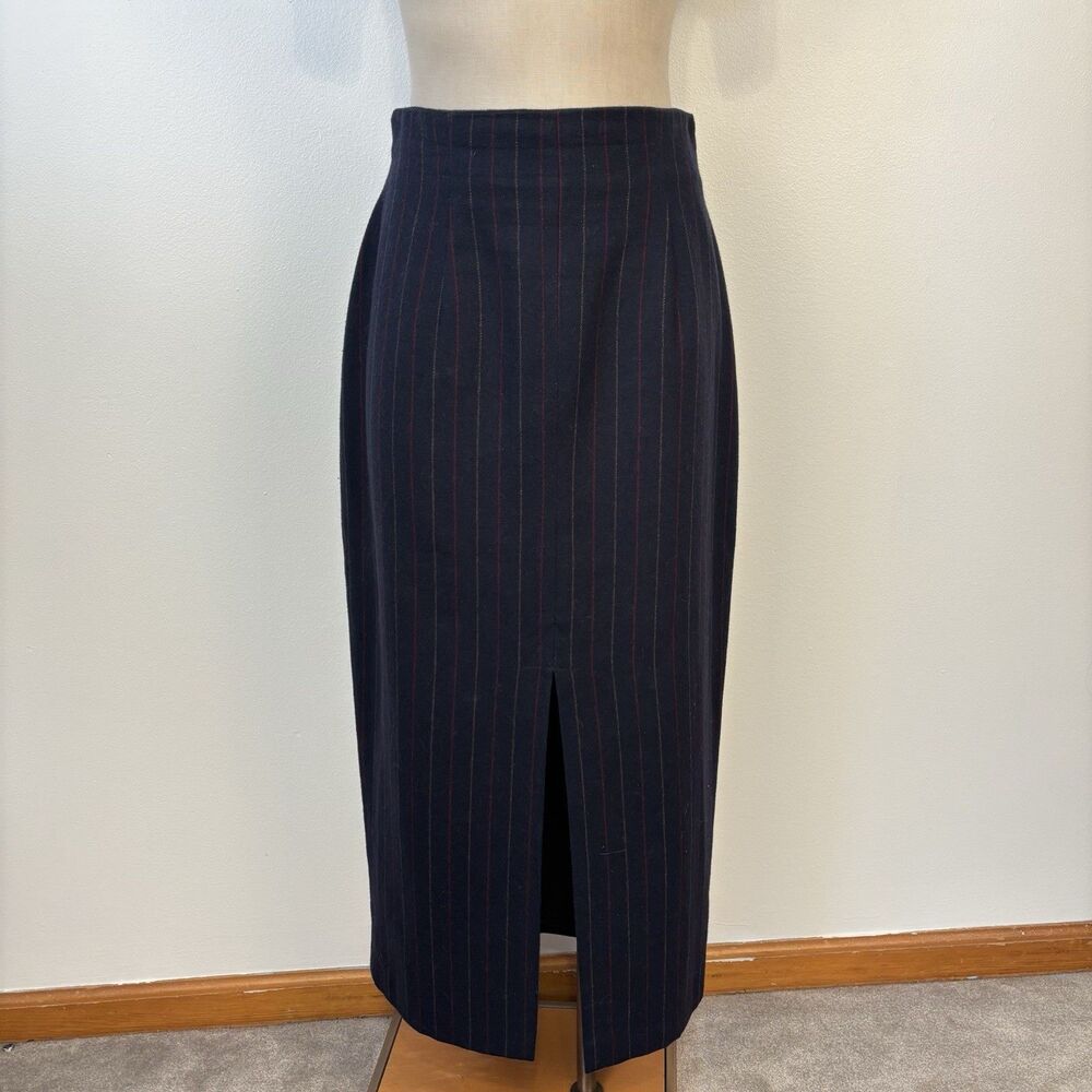 VTG The Limited Womens 12 Navy w/ Pin Stripe Midi Pencil Skirt Front Slit Lined